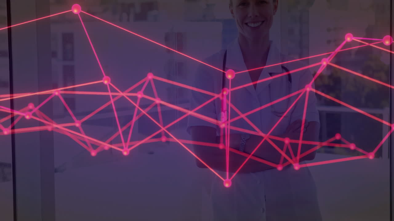 Female doctor standing with arms crossed wearing stethoscope in clinic, featuring red network graph