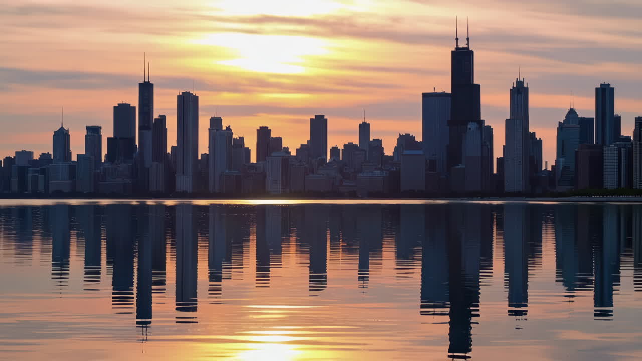 Chicago Skyline Sunrise Reflection