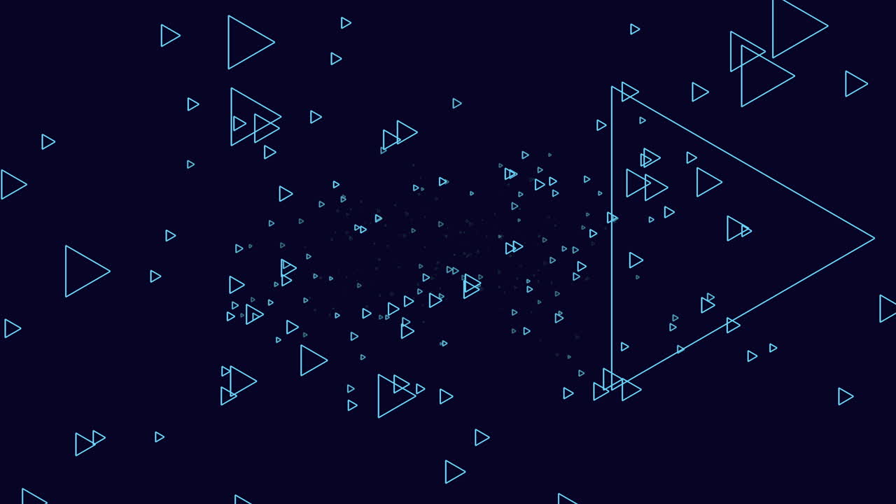 A striking composition of blue triangles forming a circular design on a dark canvas. Each triangle comprises intricate lines, shapes, and overlaps, creating a visually captivating abstract pattern