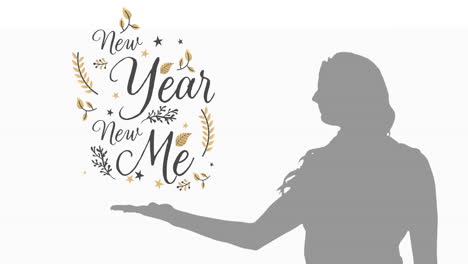 Animation-of-new-year-new-me-text-over-woman's-silhouette-on-white-background