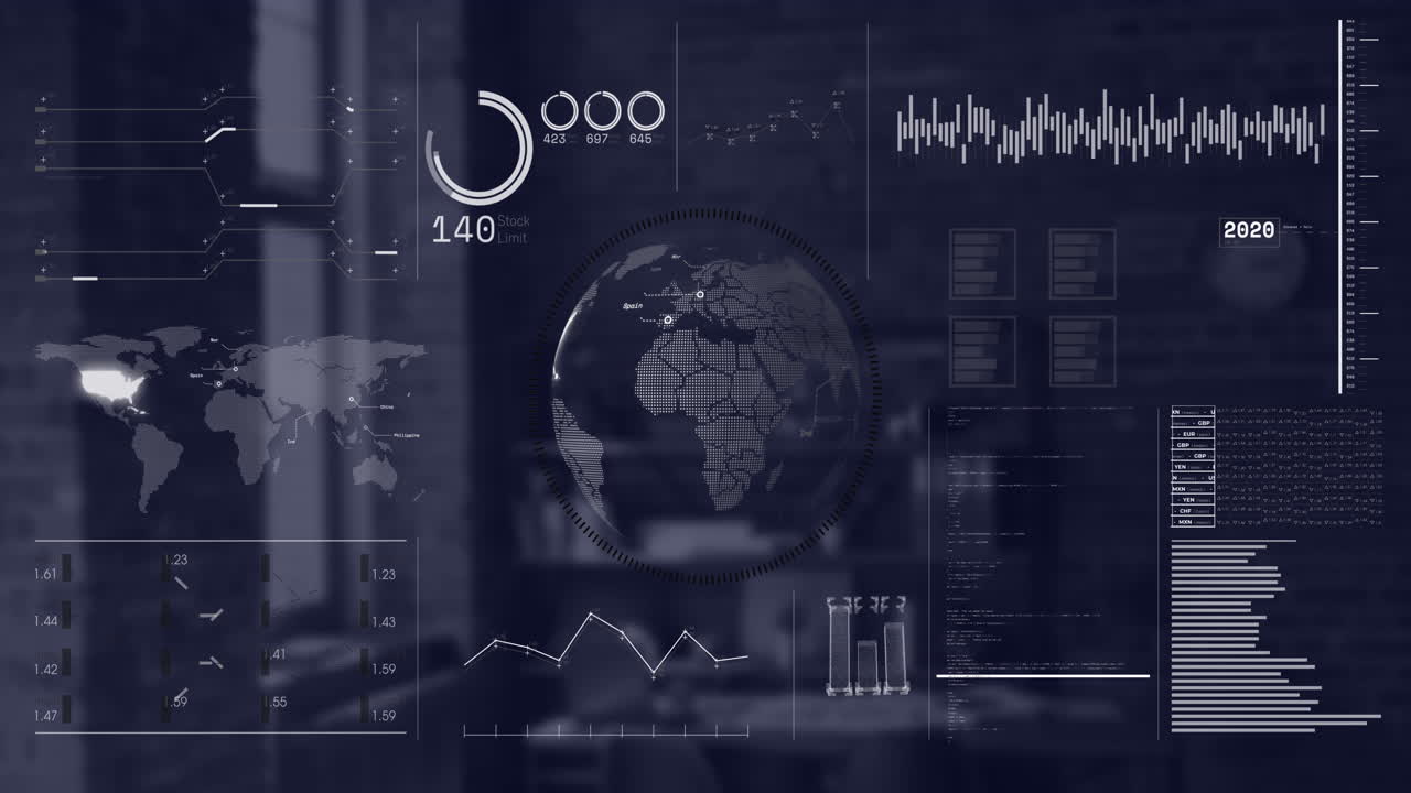 Animation of interface with spinning globe and data processing against empty office