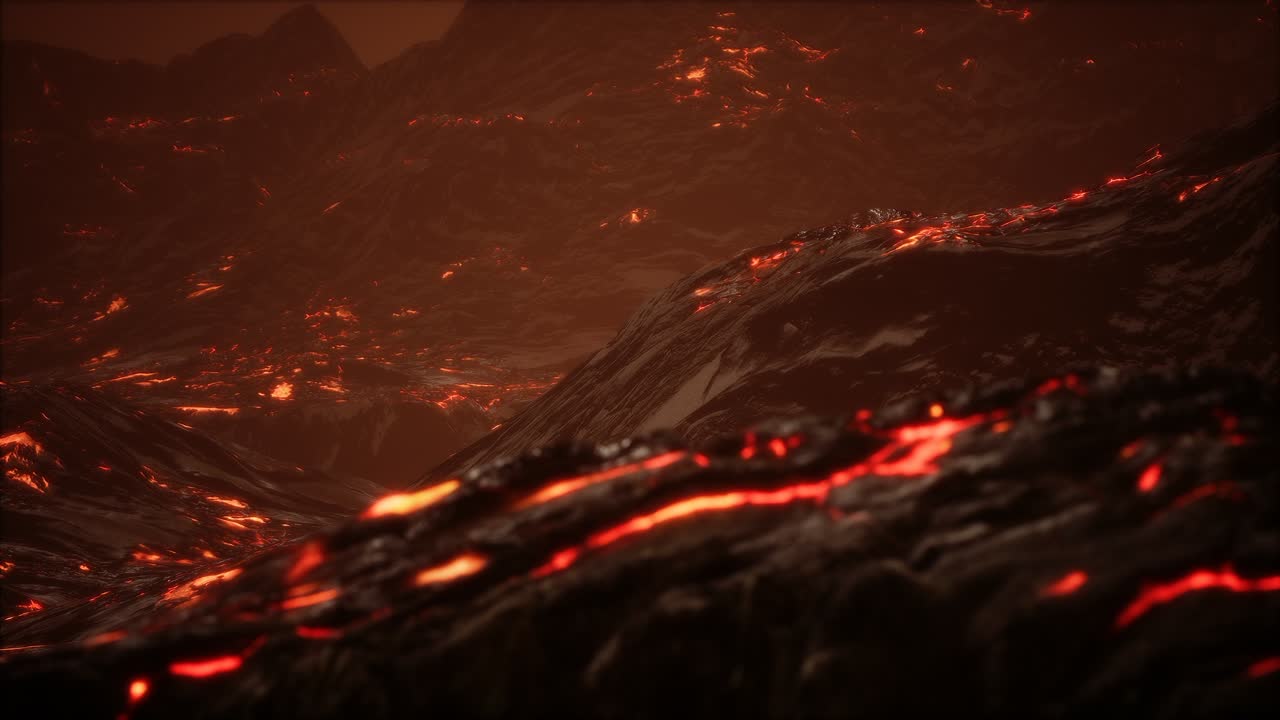 Red Orange vibrant Molten Lava flowing onto grey lavafield and glossy rocky land