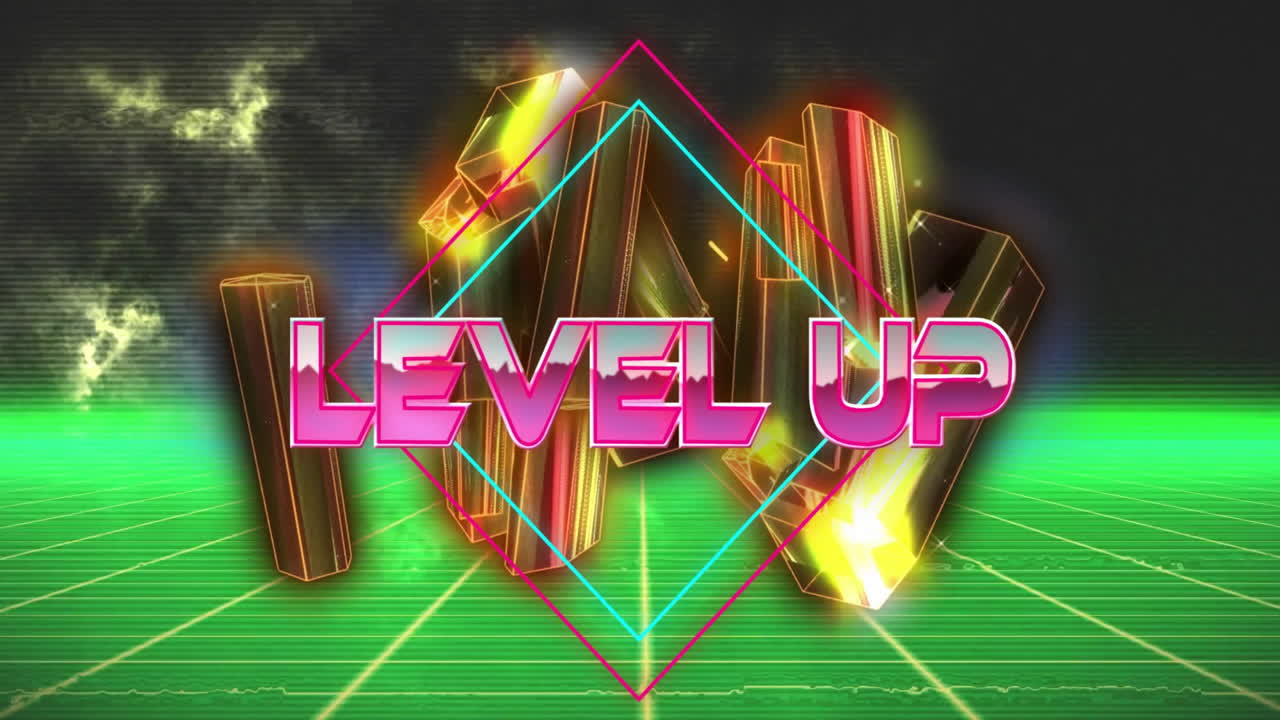 검은색 배경의 파란색 모양 위에 텍스트 애니메이션을 레벨 업