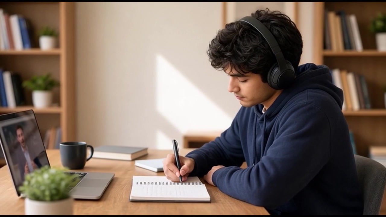 Young Man Attending Online Class on Laptop at Home