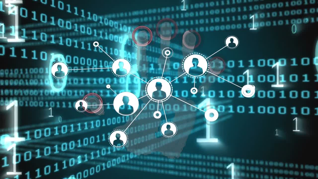 Animation of network of connections over binary code in green and black space