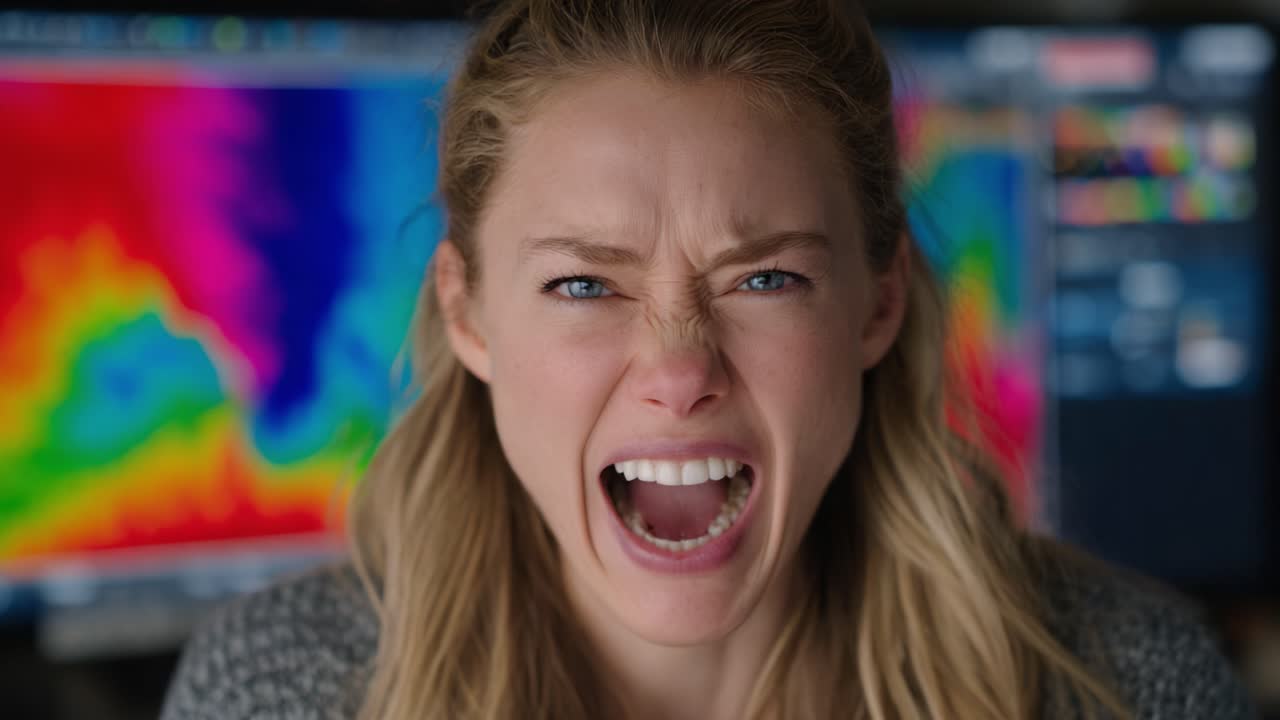 A person displaying intense emotion in front of colorful visual charts, embodying a moment of high tension and urgency within a highly analytical environment