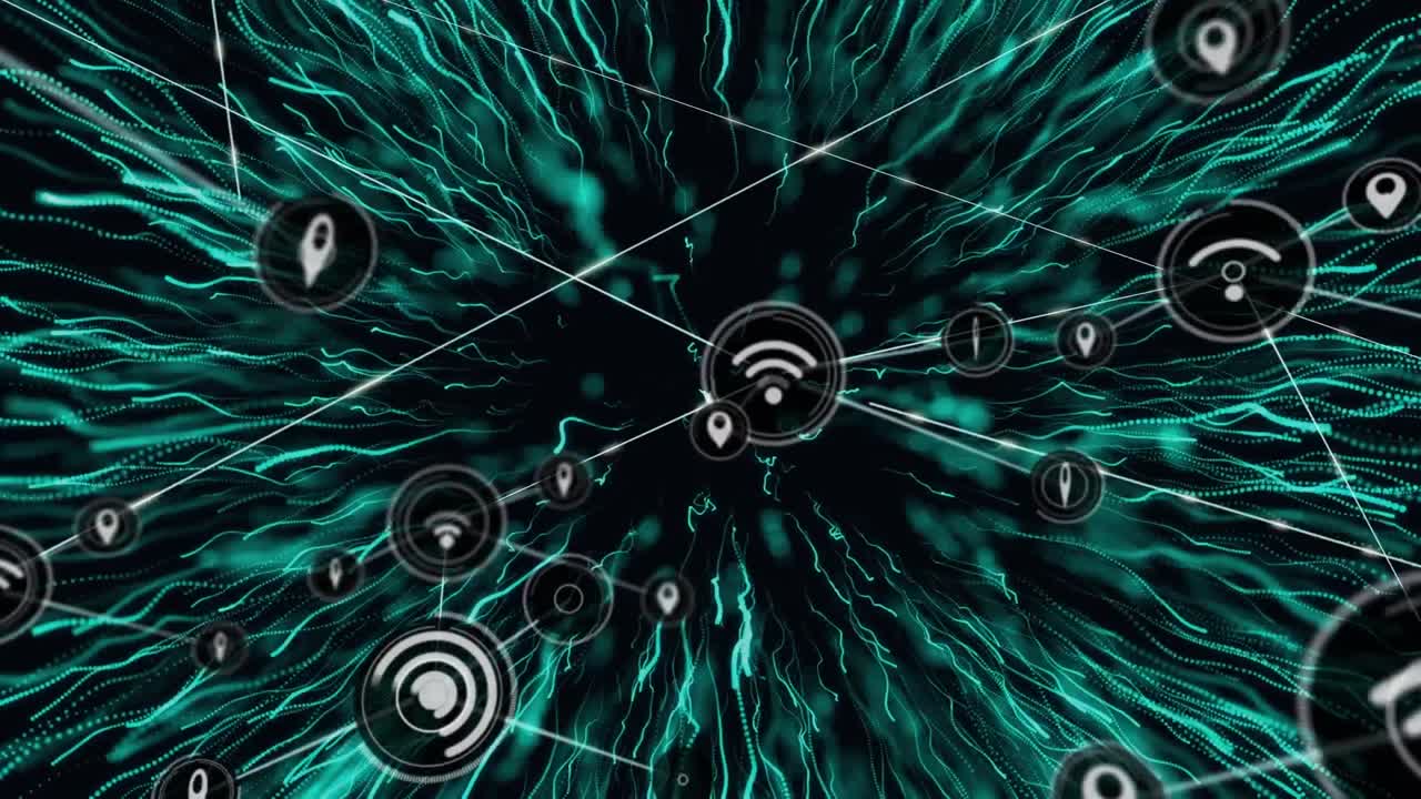 Animation of network of connections with digital icons over green explosion