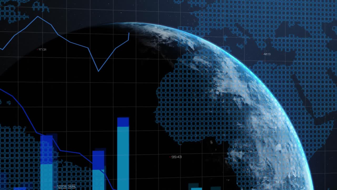 Animation of globe and network of connections over blue grid
