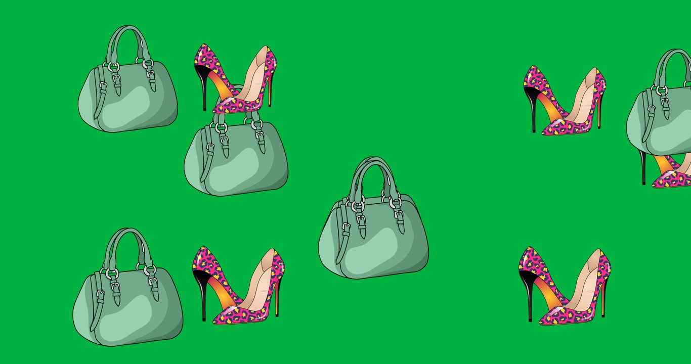 Animazione digitale di icone multiple di scarpe e borse da donna che fluttuano su sfondo nero.