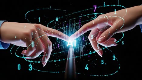 a stunning visualization of artificial intelligence connectivity with hands reaching to touch the central ai element surrounded by dynamic digitized data streams