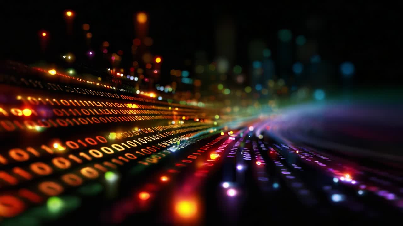 A Stunning Visual Representation of Digital Data Flow, Showcasing Vibrant Colors and Binary Code Patterns, Illustrating the Dynamic Nature of Information Transfer and Technology Advancement