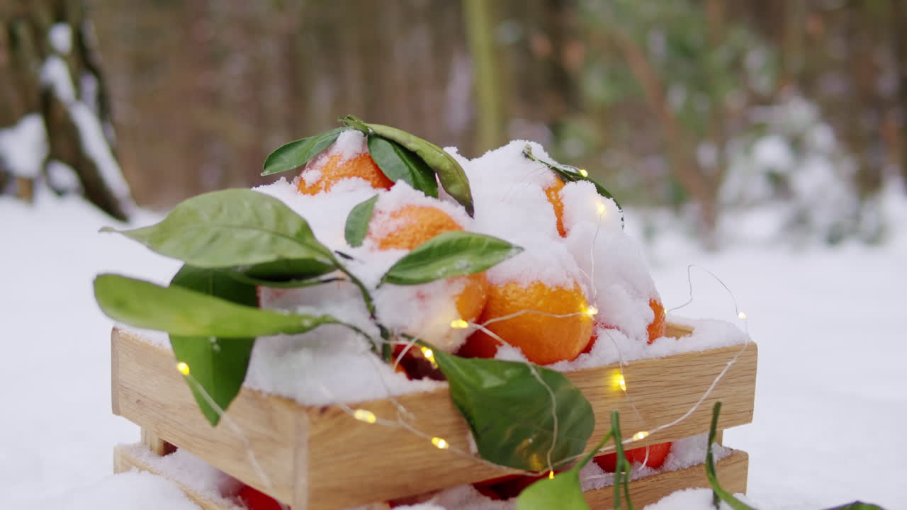апельсины в снегу с рождественскими огнями