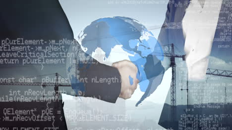 businessmen shaking hands and a globe with program codes and cranes in the background