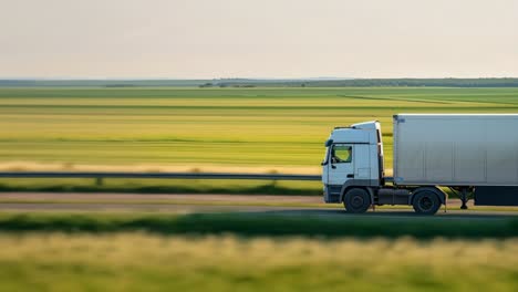 Side view of a white truck speeding on a highway through lush fields, captured in a dynamic video