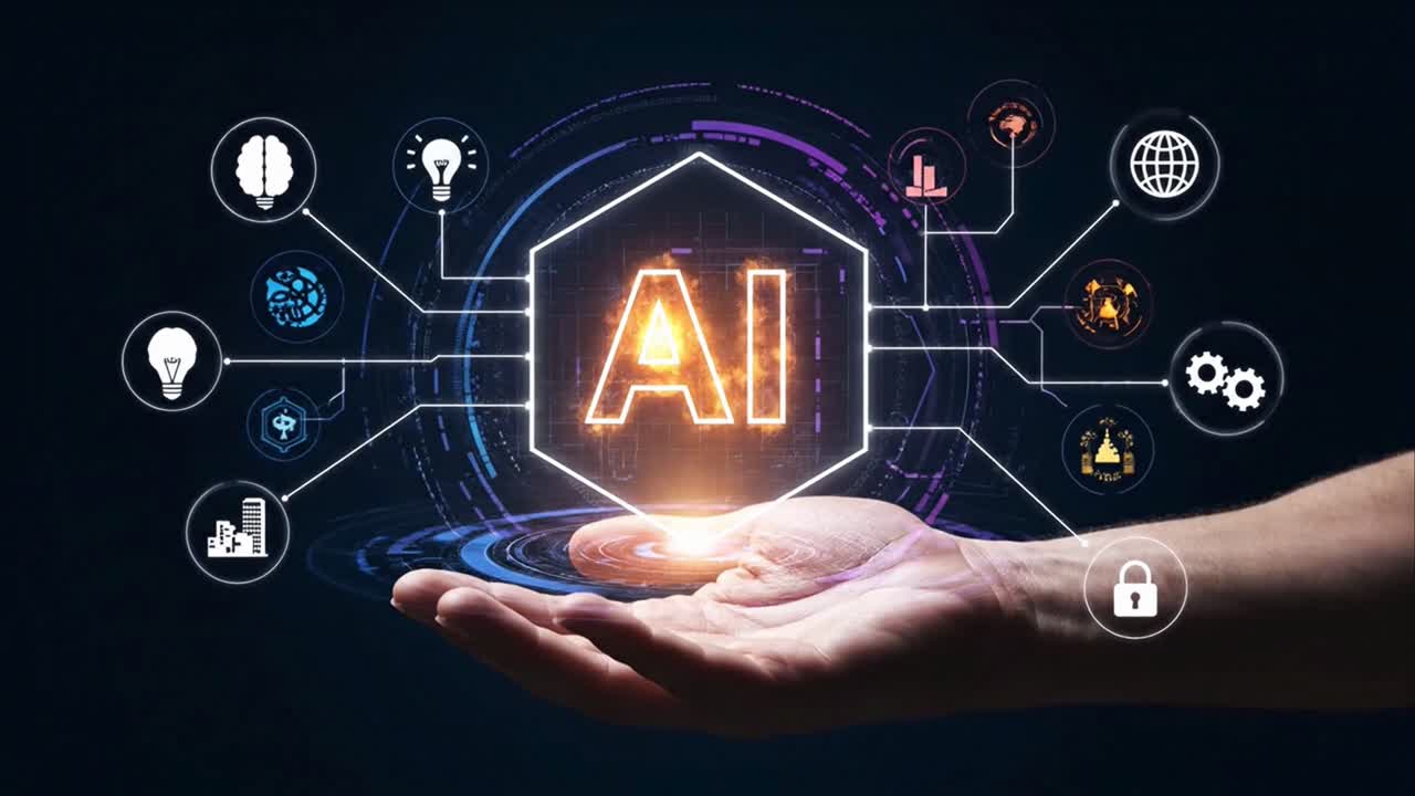 Man Holding a Glowing Artificial Intelligence Interface with Business Icons