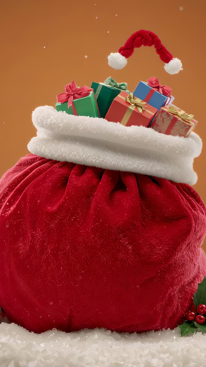 Vídeo vertical: vista rotativa revelando um saco de presente de veludo vermelho para revelação de feriado, gorro de Papai Noel balançando