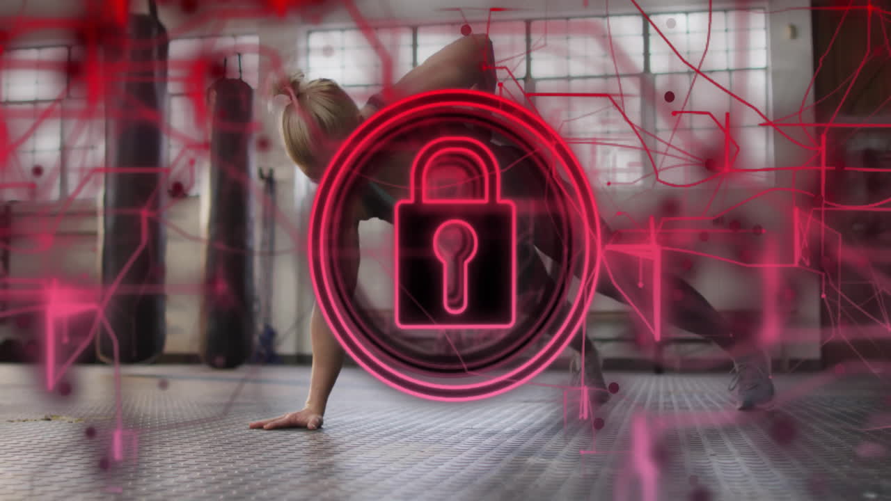 Person exercising in gym with digital lock and network animation overlay