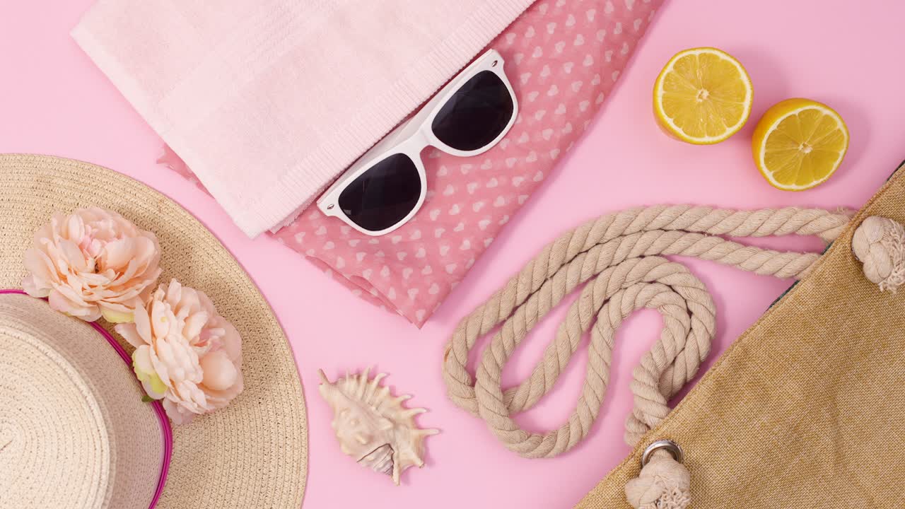 accesorios de playa de moda de verano se mueven y hacen espacio de copia para el texto.