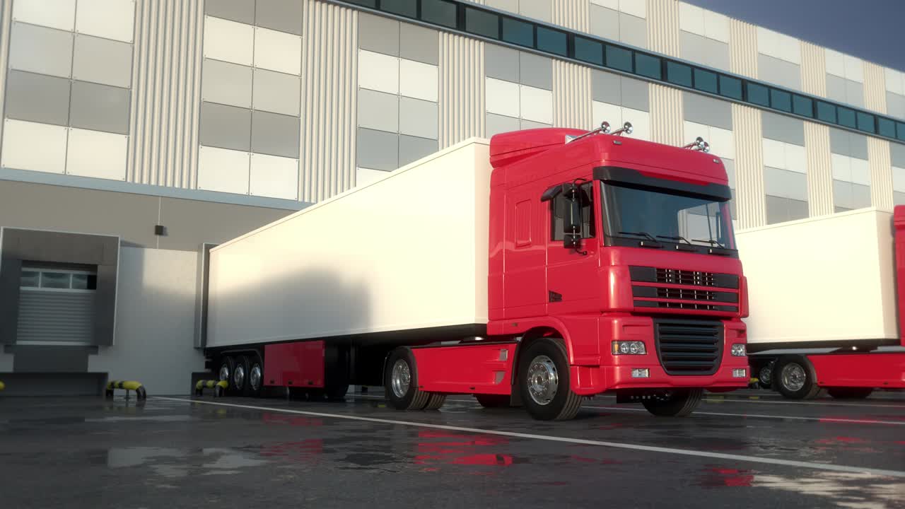 창고 로딩 도크에 있는 반 트럭