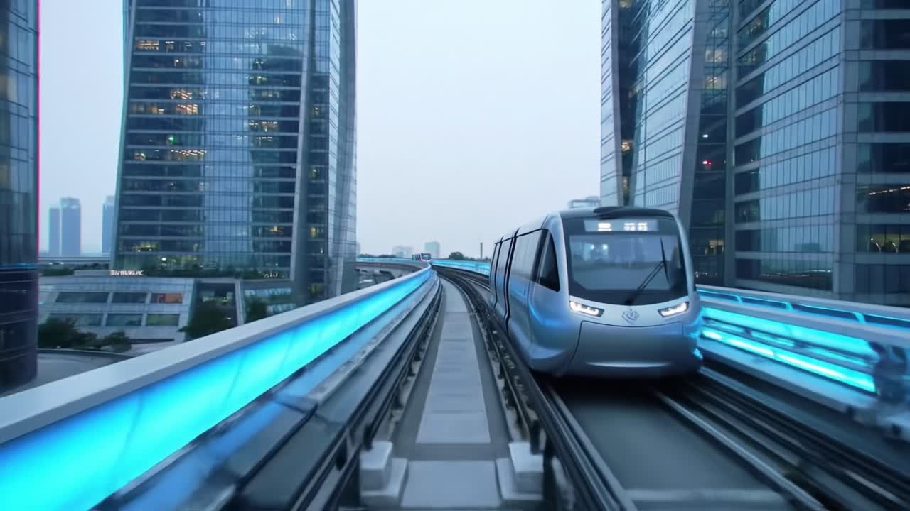 Modern Transportation System: A Glimpse of Futuristic Urban Rail Transit through Sleek Buildings under Soft Twilight