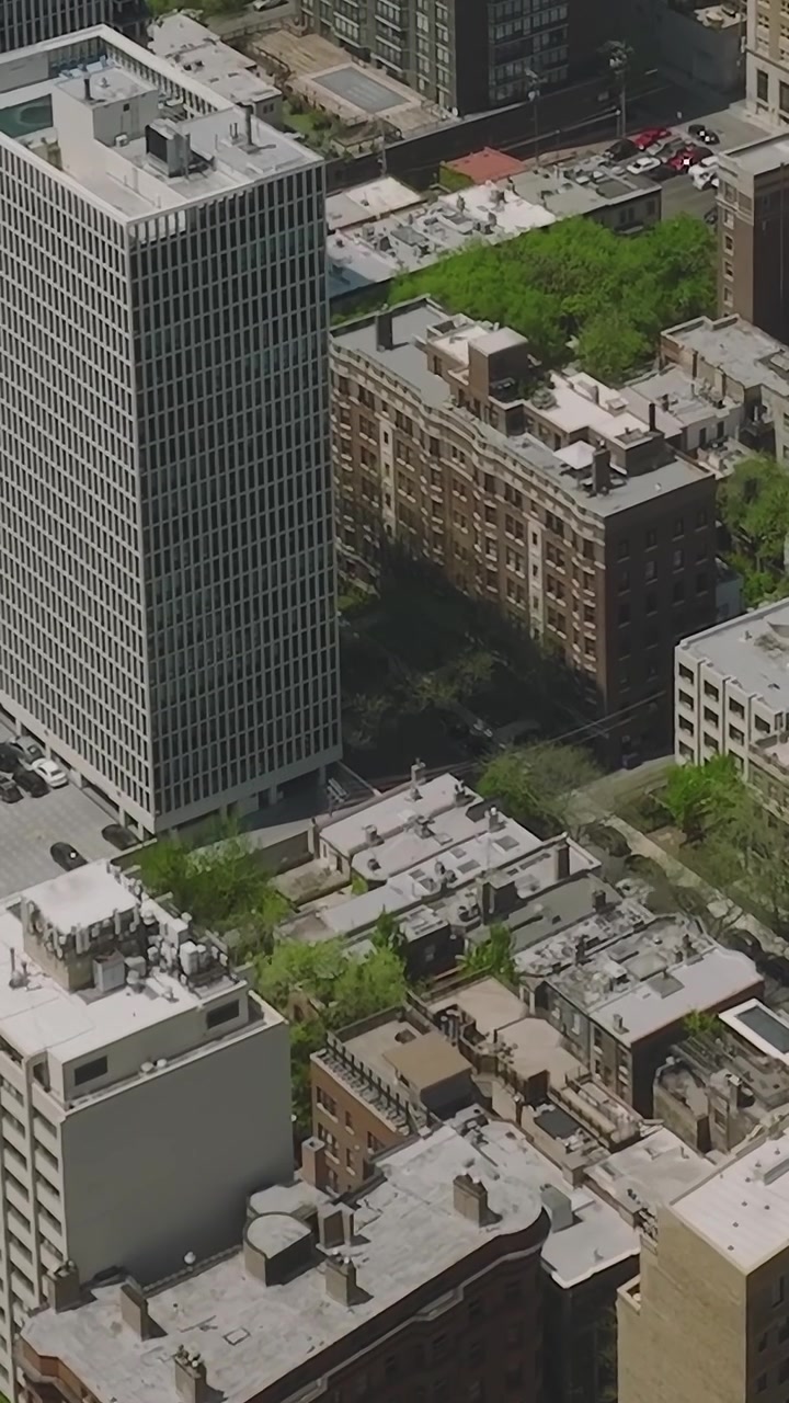 Visão aérea da paisagem urbana de Chicago, mostrando quarteirões e áreas verdes