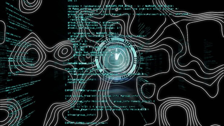 Animation of clock, data processing over white lines network of connections