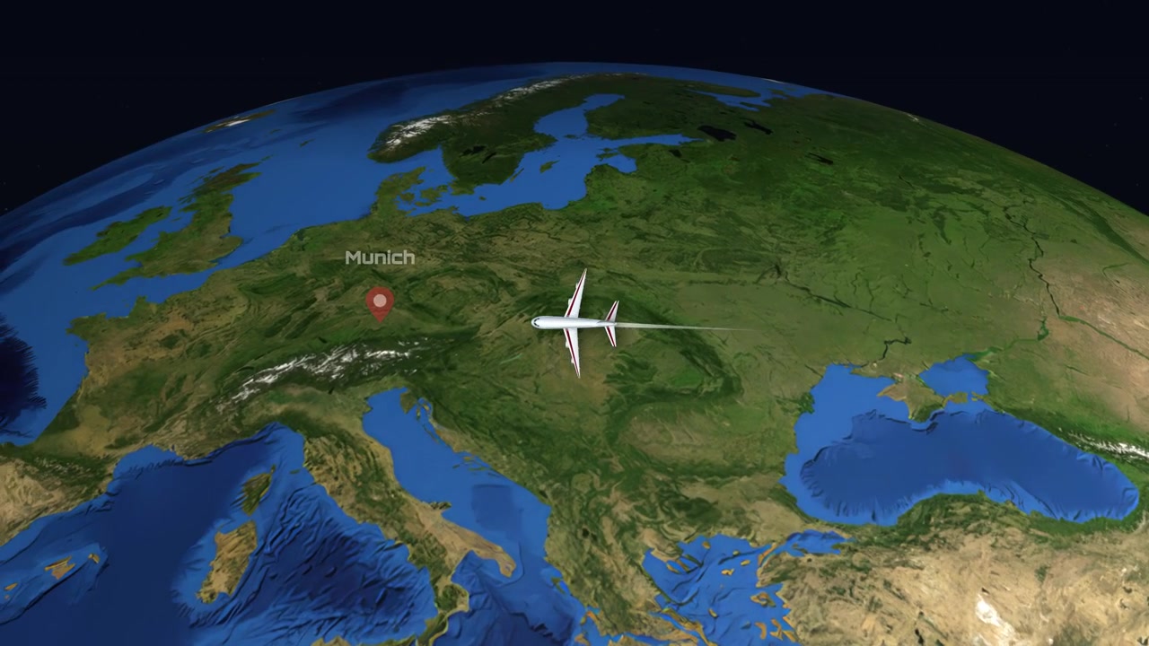 Satellite view animation follows a commercial airplane flying from Delhi to Munich across continents