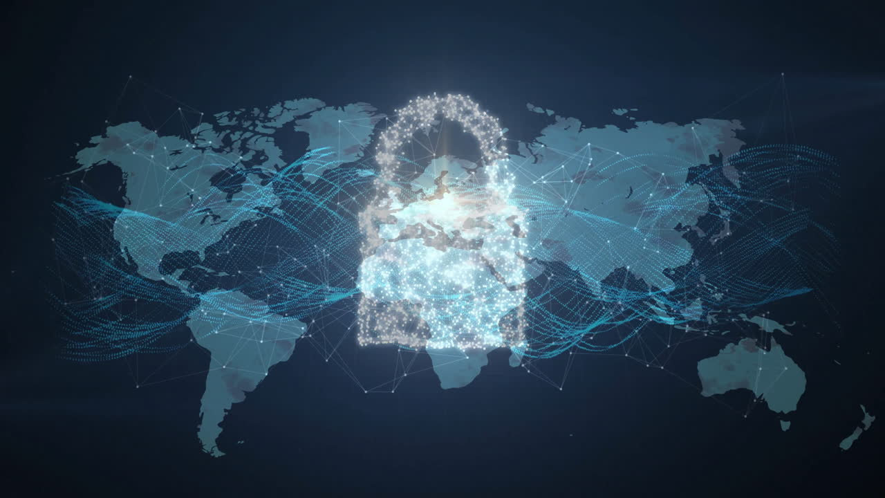 Animation of padlock, digital data processing and world map over dark background