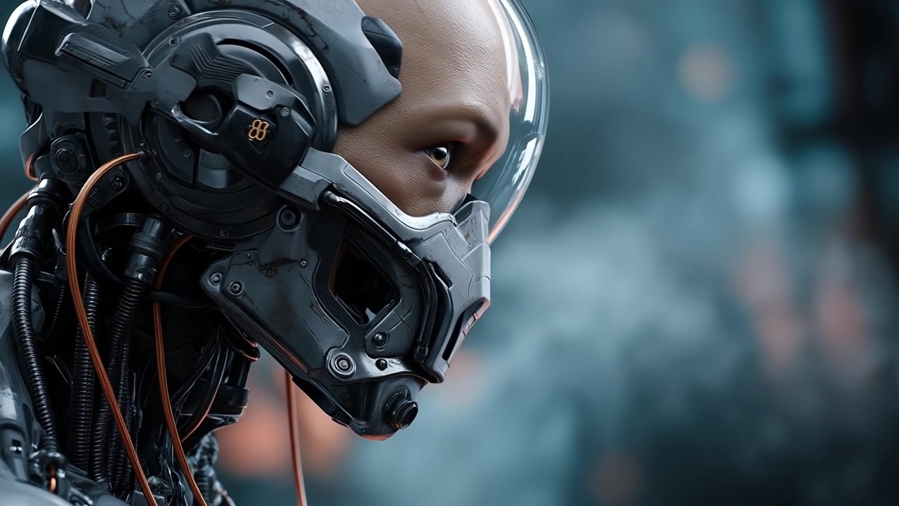 Cyborg umanoide futuristico che indossa un casco ad alta tecnologia con fili in un ambiente fantascientifico fumoso.