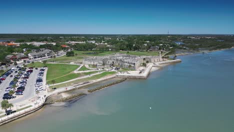 an orbiting drone shot of the castillo de san marcos flying over the river