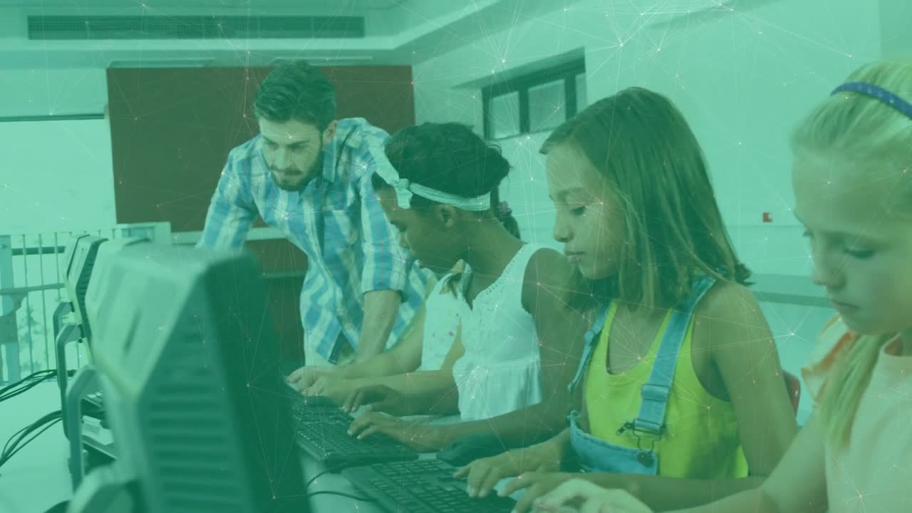 Animation af netværk af forbindelser hen over forskellige skolebørn, der bruger computere