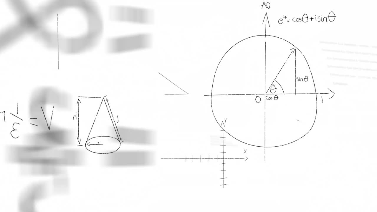 animación de ecuaciones matemáticas, diagramas y fórmulas que flotan sobre un fondo blanco