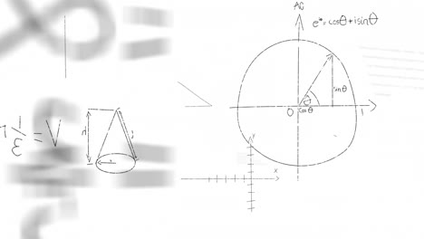 Animation-of-mathematical-equations,-diagrams-and-formulas-floating-against-white-background