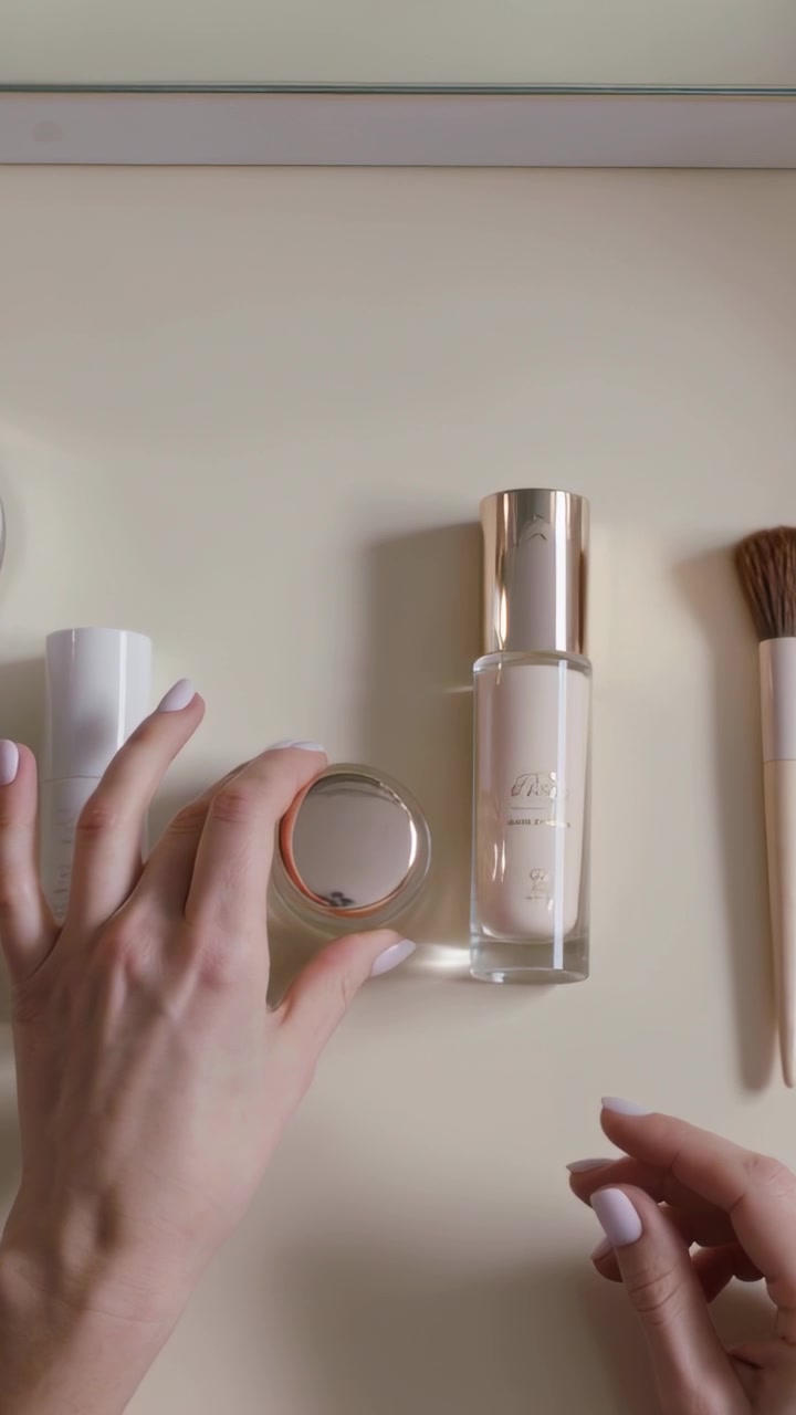 Vertical video: Lifting jar, hands entering frame aligning tube and bottle on beige table, styling