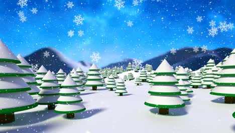 Animation-of-snow-falling-over-fir-trees-covered-in-snow-and-winter-landscape-background