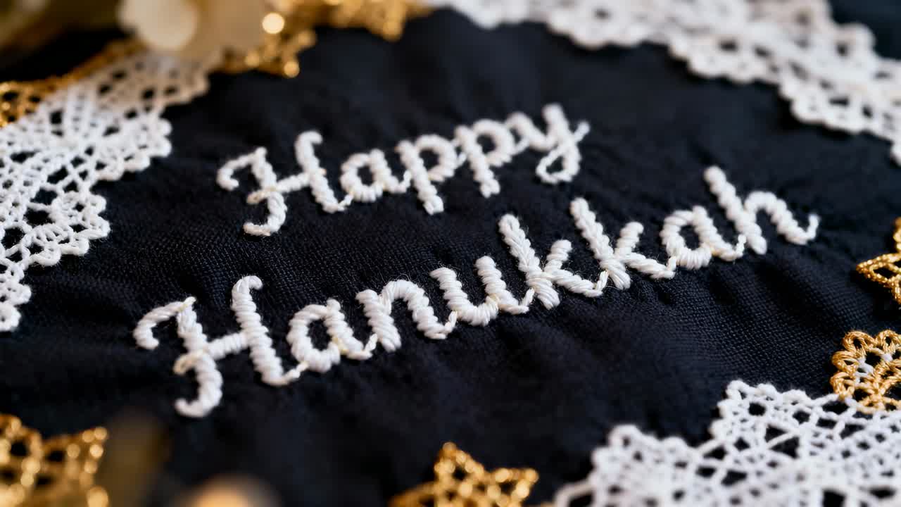 Panning camera shifting down and right while zooming in on table, showing Happy Hanukkah embroidery