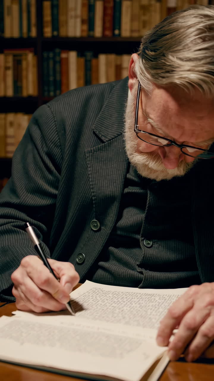 Elderly Man Reading in a Dimly Lit Library
