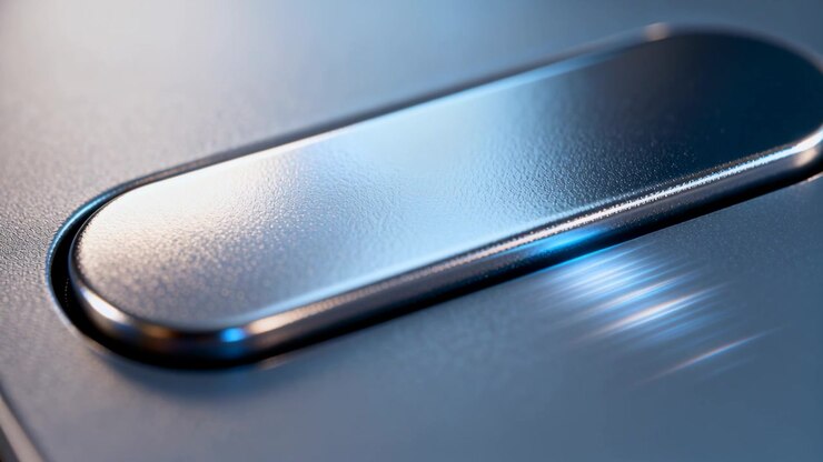 Showing metal oval button revealing scratches as light shifting in studio macro, with blue glow