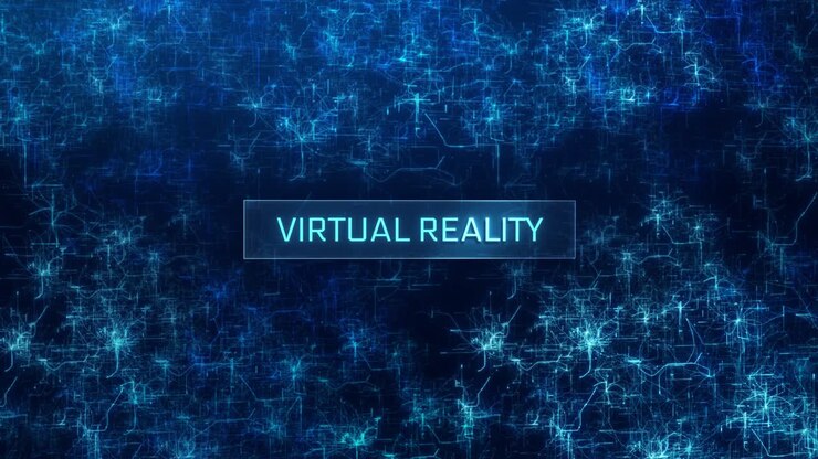 Virtual Reality concept over glitch neural network background. Concept of Virtual Reality over abstract computer networks