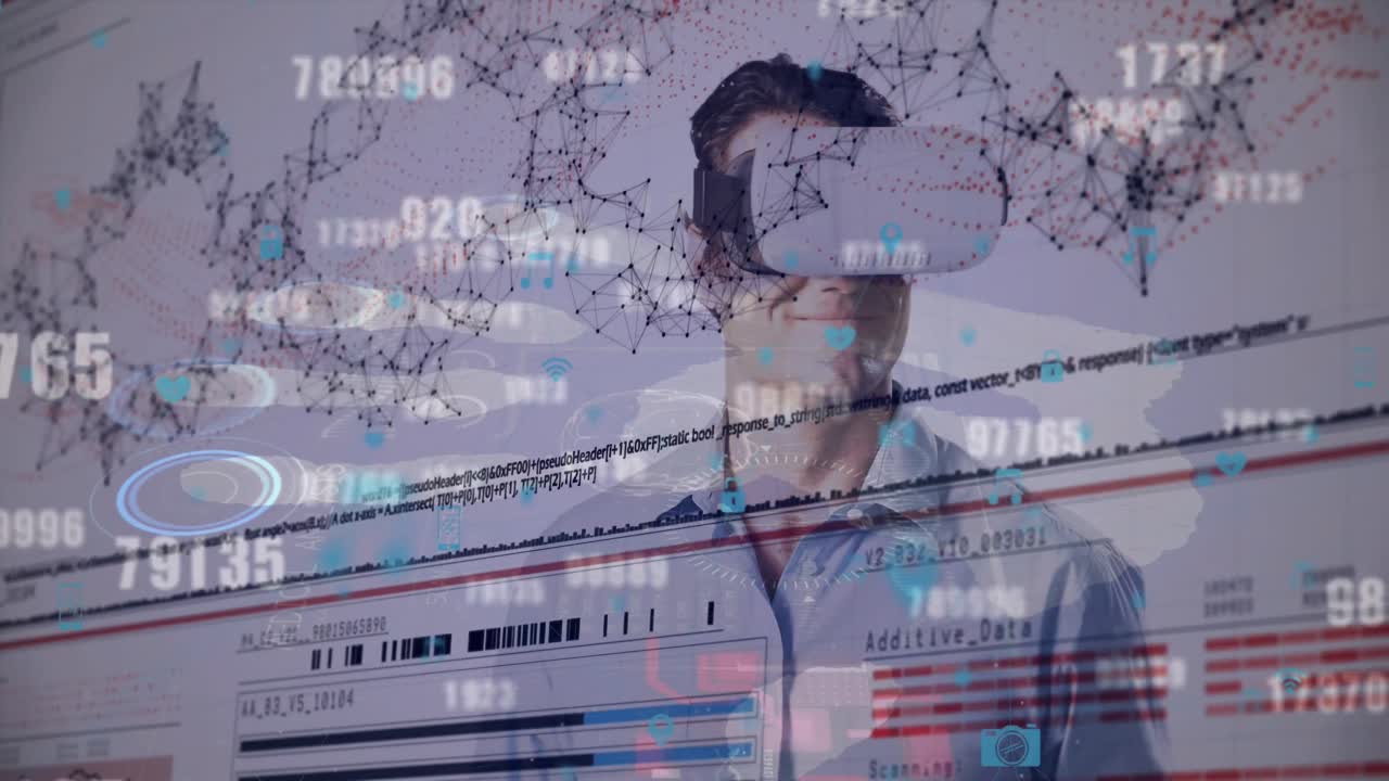 vr 헤드을 사용하는 남성의 데이터 처리 애니메이션