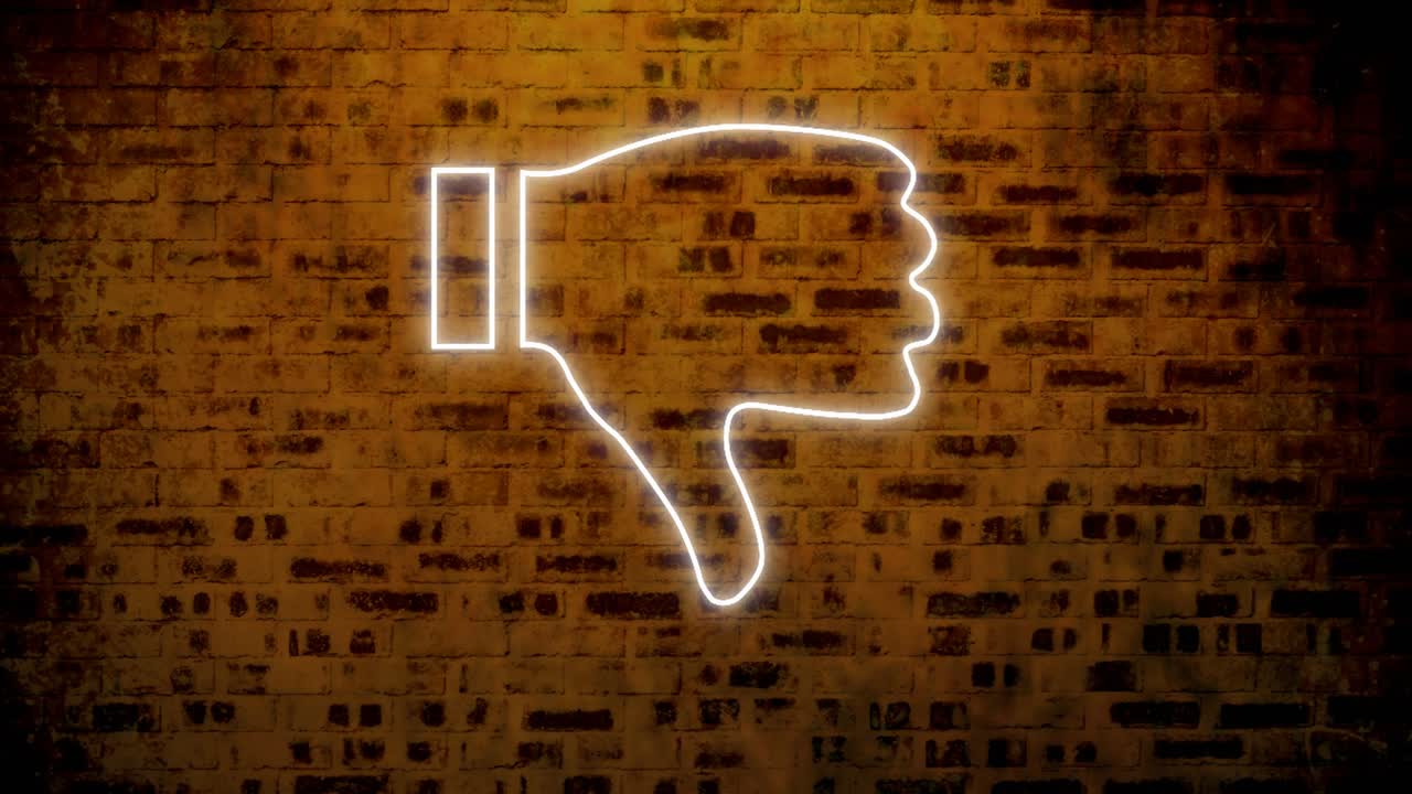 animación de pulgares de neón brillantes hacia abajo icono en la pared de ladrillo