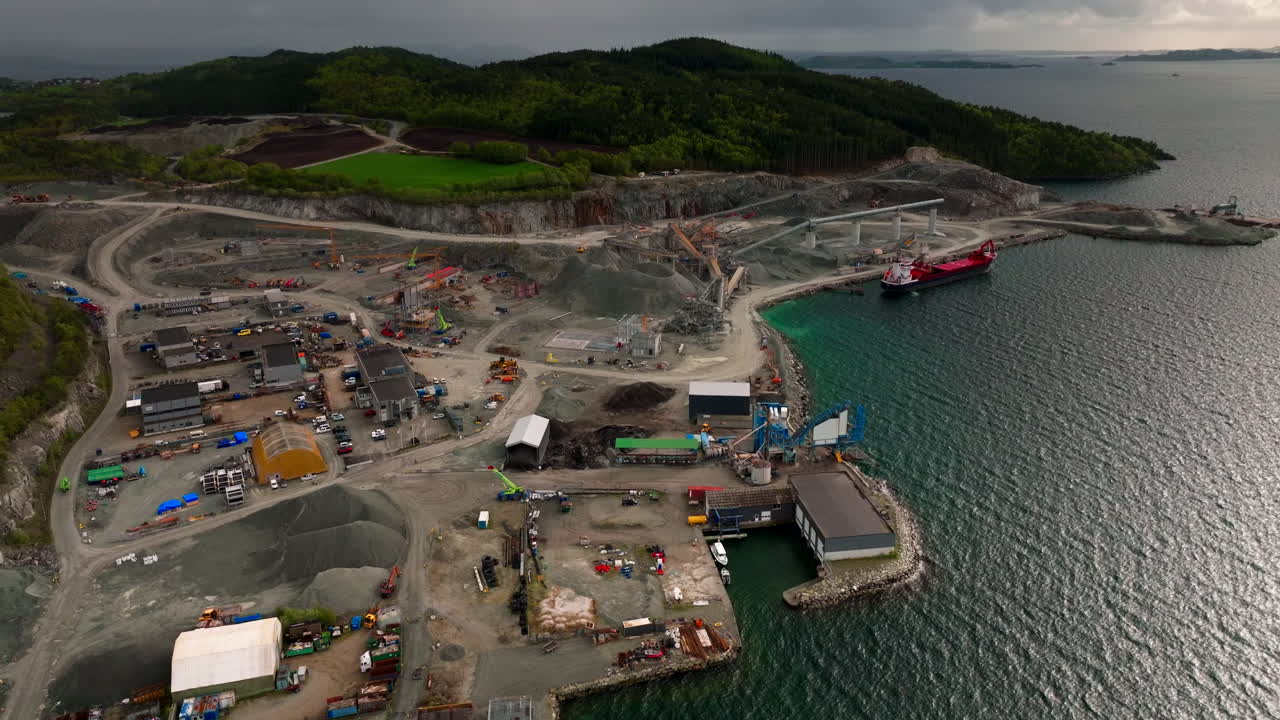 Aerial View of Industrial Quarry Operations Mining Quartz Diorite in Norway