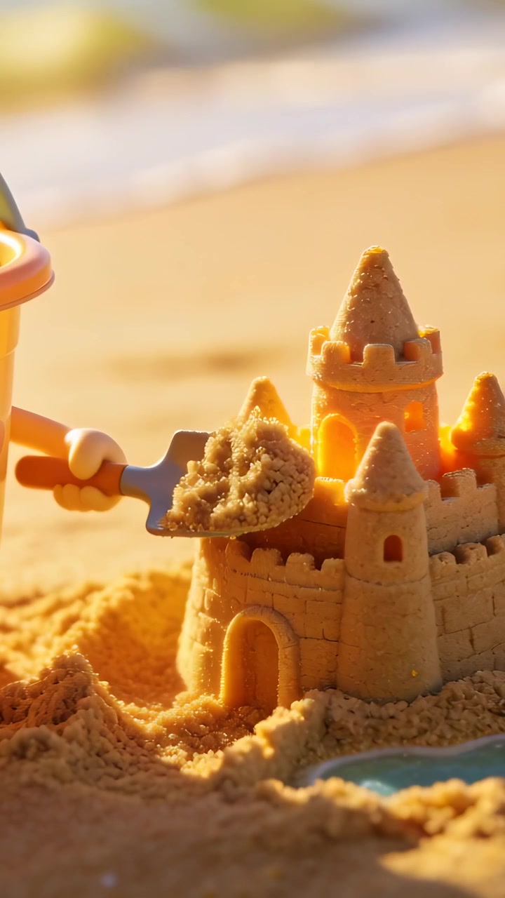 Vertical video: Scooping from left, toy pail and shovel placing sand on castle, building mound