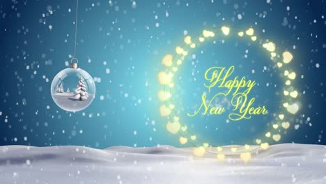 Animation-of-christmas-greetings-in-fairy-lights-frame-over-winter-landscape-background