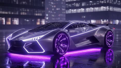 futuristic sports car: a stunning hybrid of technology and design under neon lights captured in a drenched urban environment