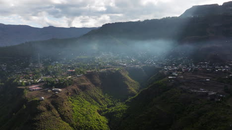 misty clouds over lalibela town in the amhara region of ethiopia. aerial drone shot