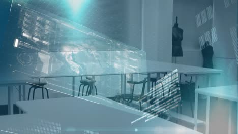 animation of financial data processing over empty office
