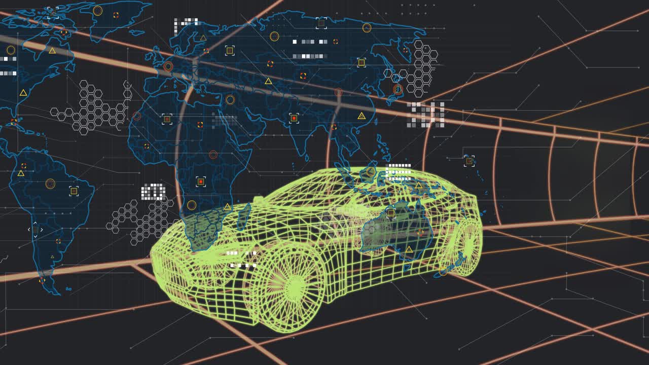 Map overlay appearing, neon wireframe car shifting while HUD icons aligning and pulsing for scan
