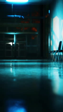 a dark hallway with blue lights reflecting on the wet floor