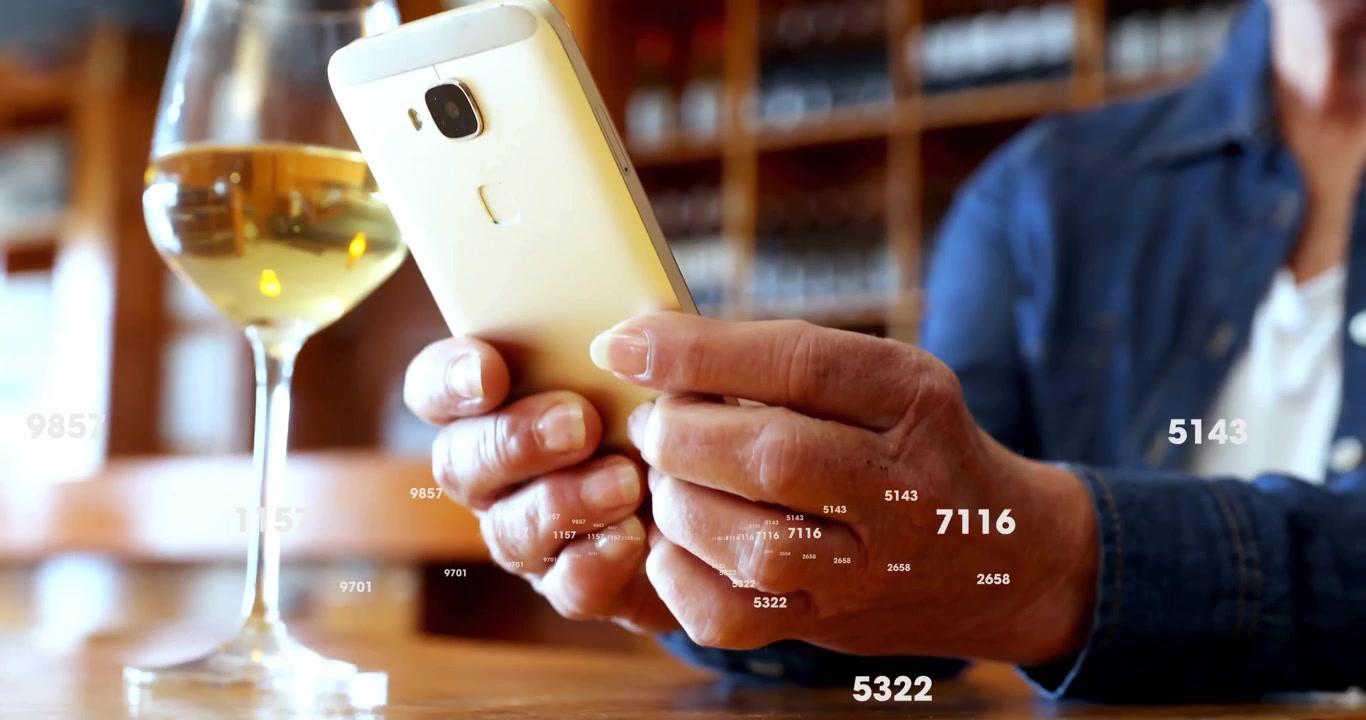 Senior woman tapping smartphone, revealing numeric data overlays for technology demonstration